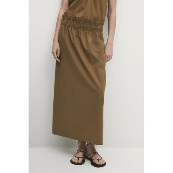 Massimo Dutti Womens Midi Skirt Medium Brown Pull On Elastic Gathered Waist NWOT - Picture 1 of 10